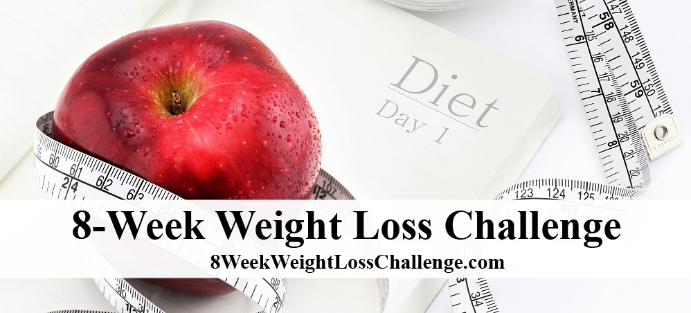 A shiny red apple next to a message that says "Diet- Day 1." Leanr how to lose weight by eating healthy with the 8 Week Weight Loss Challenge