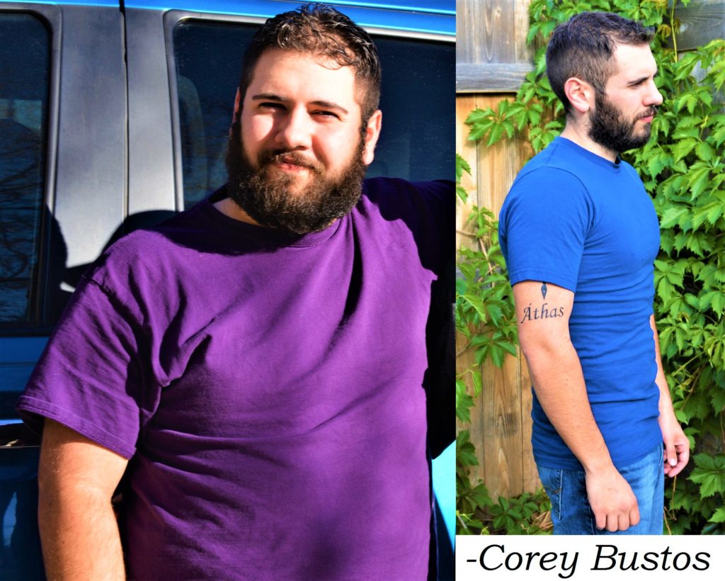 Corey Bustos's before and after weight loss photo, showing my transformation from obese to fit